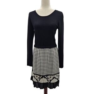 Mystree Houndstooth Long Sleeve Dress Black‎ White Floral Ruffle Hem Medium